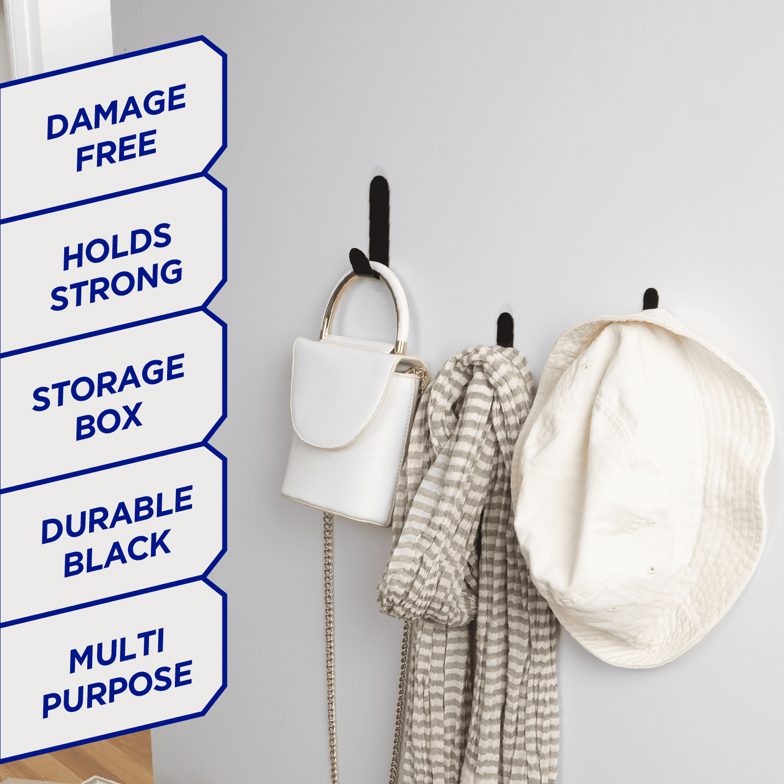 Permastik Adhesive Wall Hooks (8 Pack) – Damage-Free Removable Hooks, Mixed Sizes (2 Small, 4 Medium, 2 Large), Black Metal for Kitchen & Bathroom