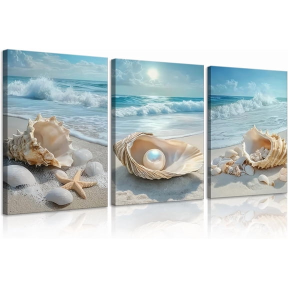 3Pcs Coastal Seashell Conch Canvas Wall Art Summer Beach Waves Pictures Wall Decor Blue Beach Ocean Posters Prints Paintings for Bathroom Bedroom Living Room Sea View Room Decoration Prepare to hang