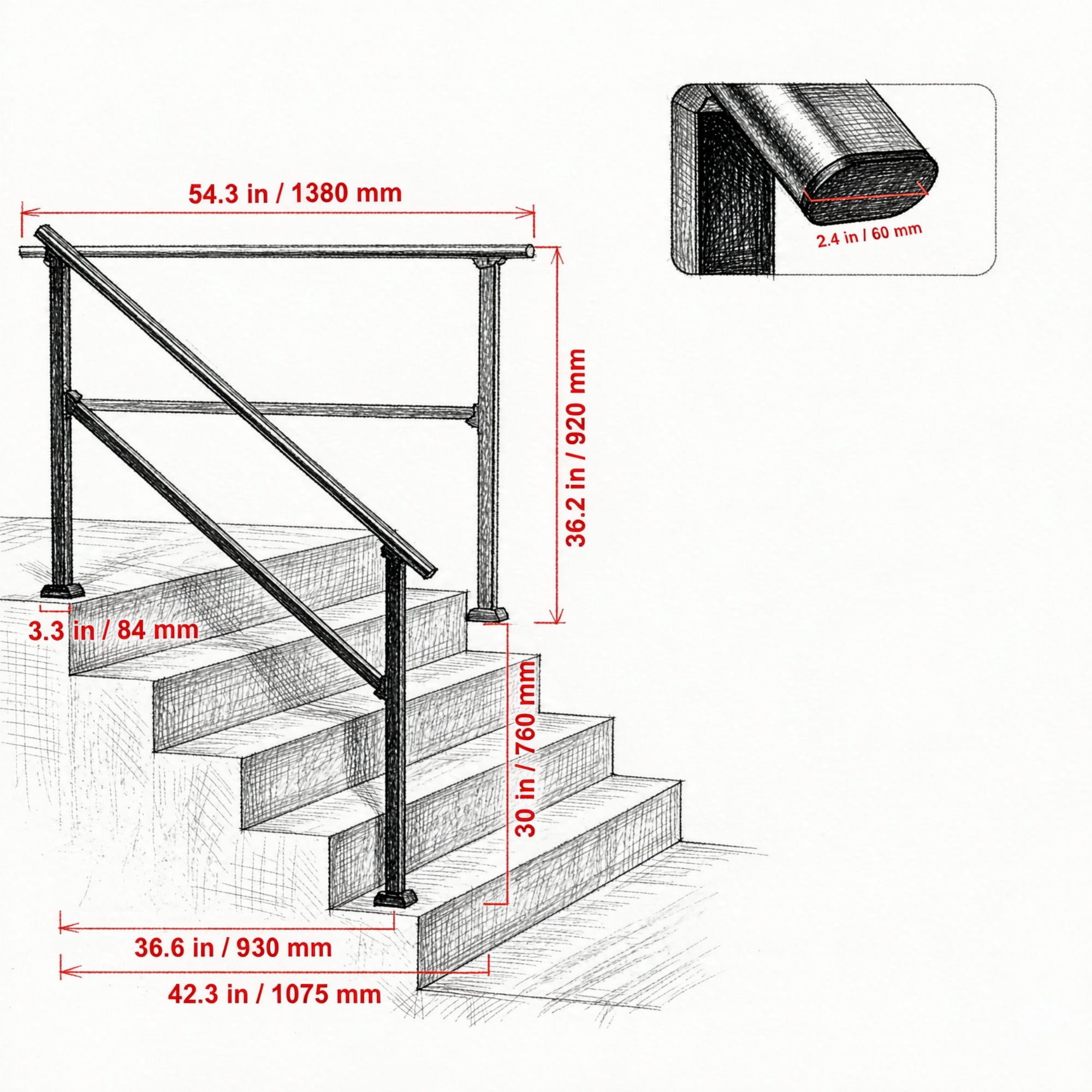 4-5 Step Stair Handrail Kit for Outdoor Steps, Black Square Tube Design