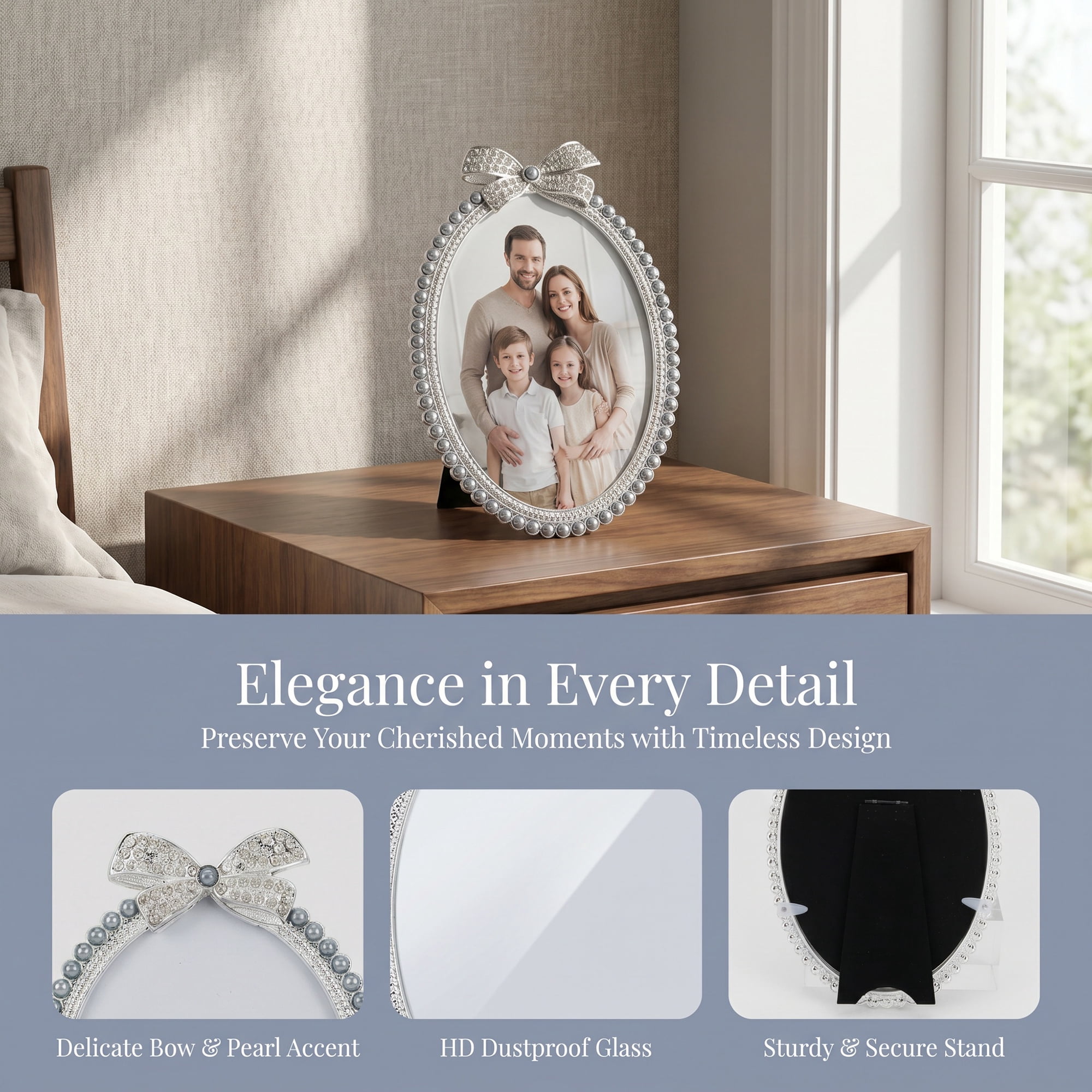 Unique Bargains Bow Picture Frame Cute Pearl Photo Frame with HD Glass Gray 3.94"x 5.91"