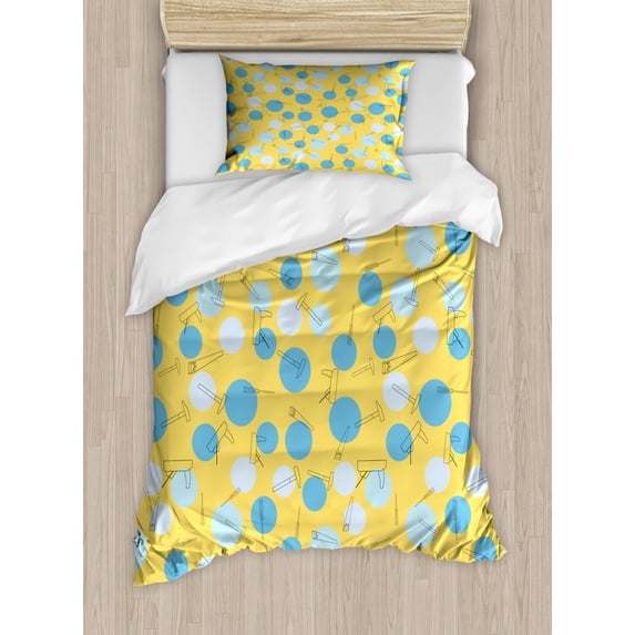 Geometric Duvet Cover Set Twin Size, Craft Tools Planer Screwdriver Repair Theme with Circular Formations, Decorative 2 Piece Bedding Set with 1 Pillow Sham, Mustard and Azure Blue, by Ambesonne