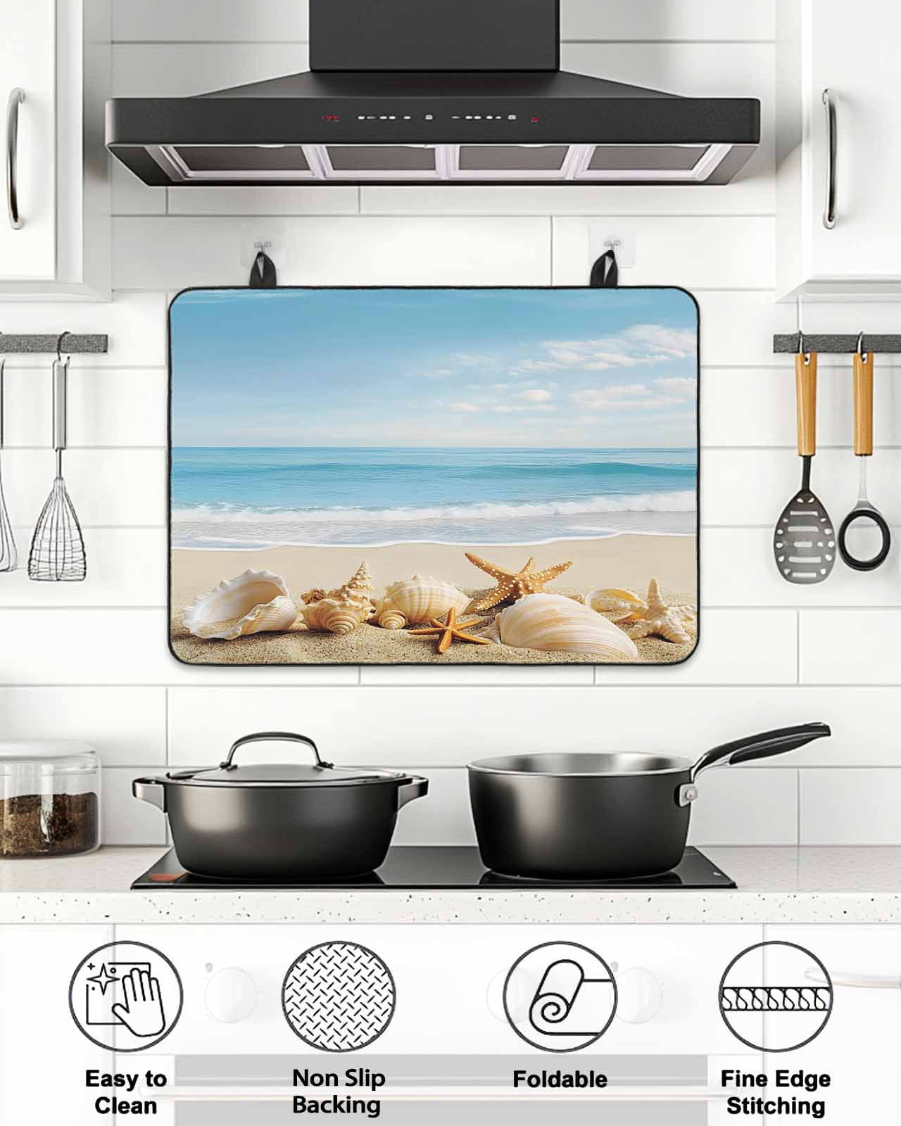 Stove Top Covers for Electric Stove 28.5x20.5 Inches, Beach Coastal Heat Insulation Fireproof Glass Cooktop Protector, Summer Seaside Shell Starfish Nautical Countertop Stovetop Cover for Kitchen