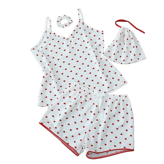 HUJlwoi 4 Piece Pajama Sets for Women Summer Printed Cami Tops Lounge Pj Sets with Scrunchies Ladies Sleepwear Outfits