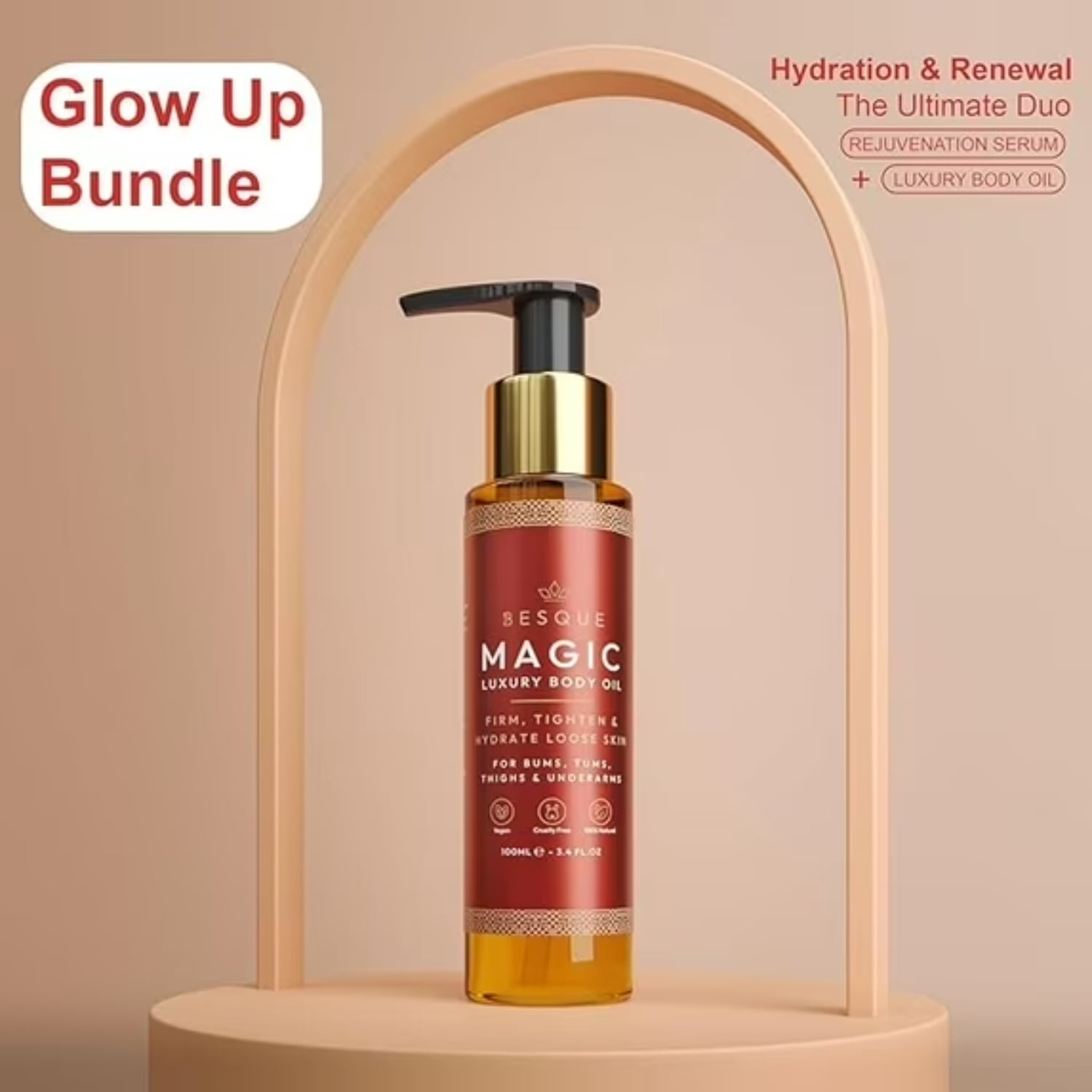 Besque Magic Body Oil, 3.4 FL OZ, After Shower Body Oil For Women, Hydrating Skin Care For Full Body That Plumps, Tightens, and Firms Skin With Natural Ingredients, Luxury Spa Gifts - Pack of 1