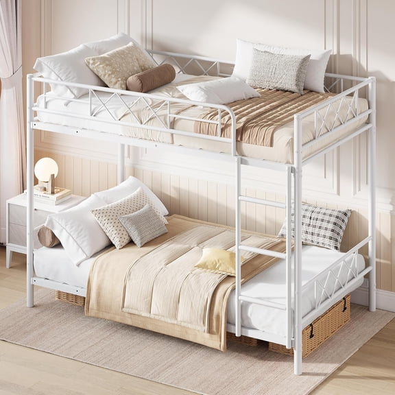 Twin Over Twin Bunk Bed with Stairs, Heavy Duty Metal Construction & High Guardrail, Sturdy Steel Slats Support, No Box Spring, Space Efficient, White