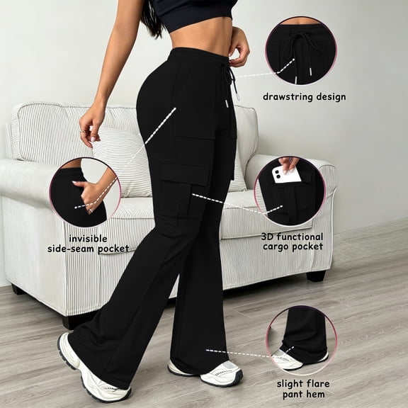 QUNYINEY Summer Women Pants Wide Leg Work Mid Rise Black Pants Drawstring Elastic Waist with Pockets Relaxed Fit Yoga Pants