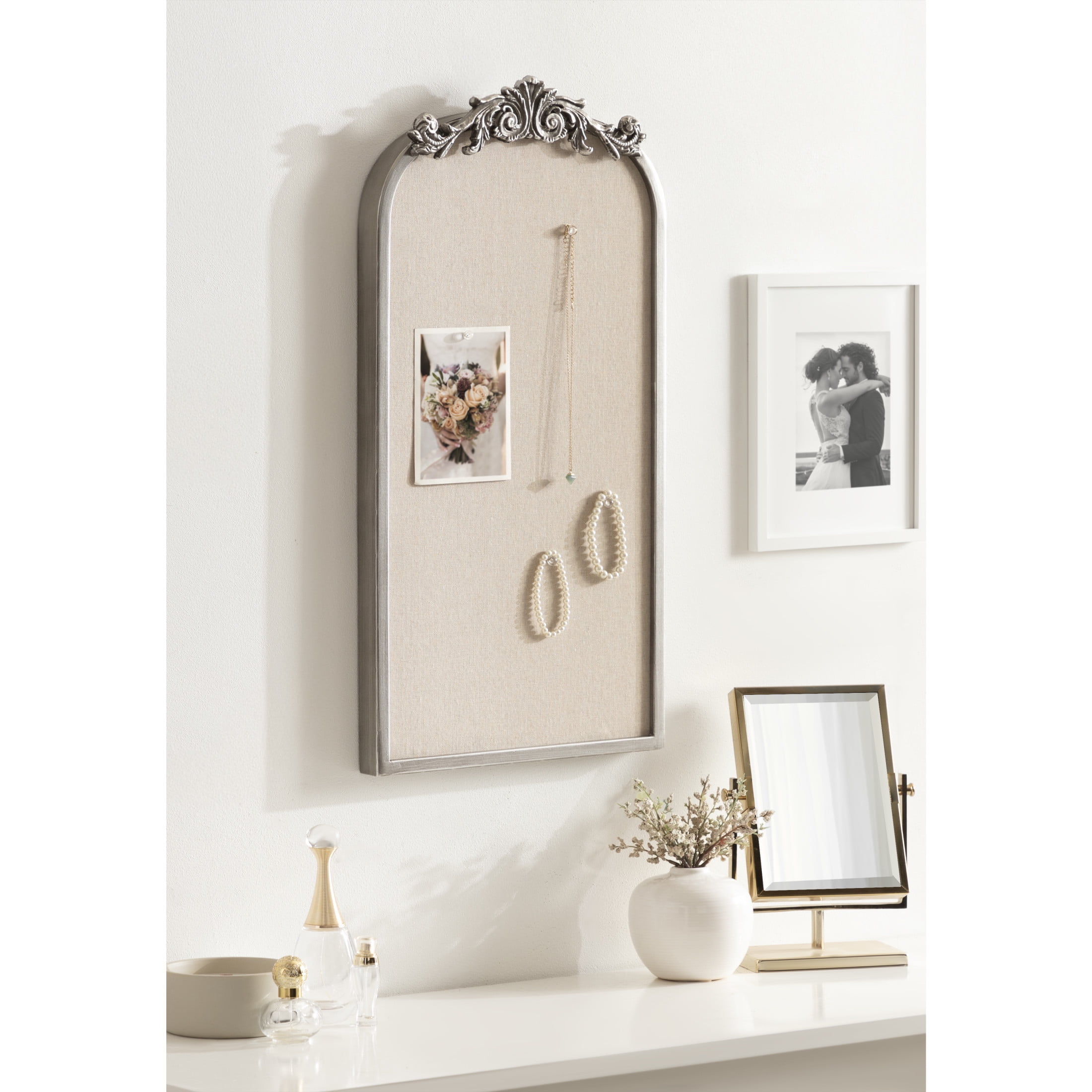 Kate and Laurel Arendahl Arch Pinboard, 13 x 25, Silver, Framed Arched Ornate Vintage Cork Board for Use as Motivational Vision Board or Wall Organizer
