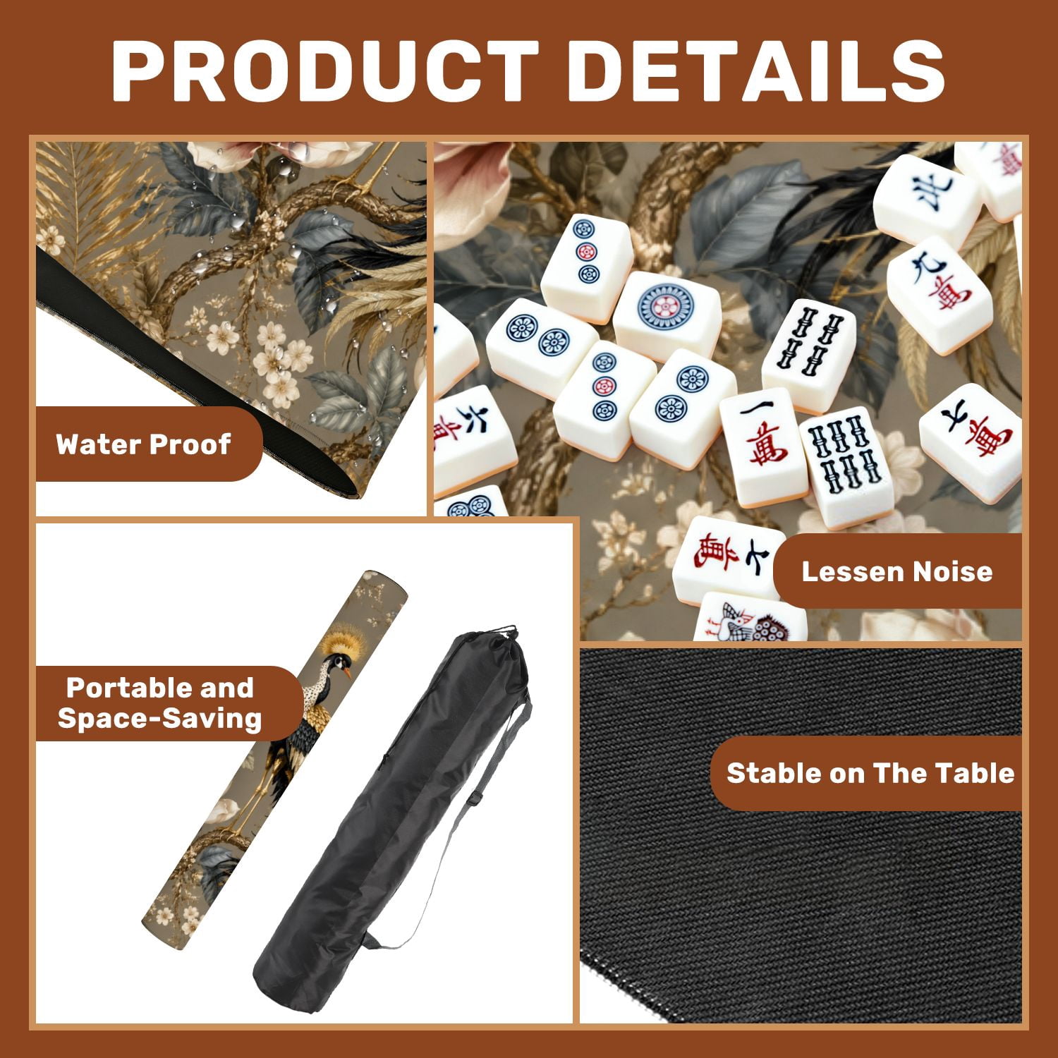 Mahjong Mat 31.5" x 31.5" Seamless golden pheasants birds flowers Japanese textile embroidery Non-Slip Neoprene Cover, Noise-Dampening Tile Game Mat for American Mahjong