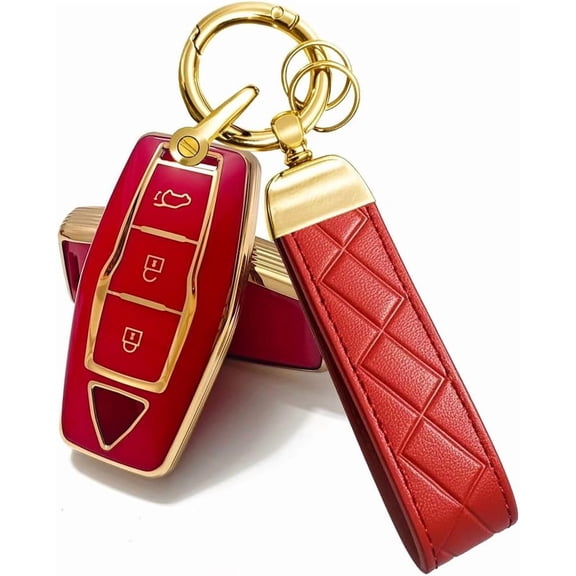 Key Fob Cover Compatible with Mitsubishi Outlander 4 Button TPU Leather Silicone Keychain Case Holder Protector,3 Buttons A Gold Red