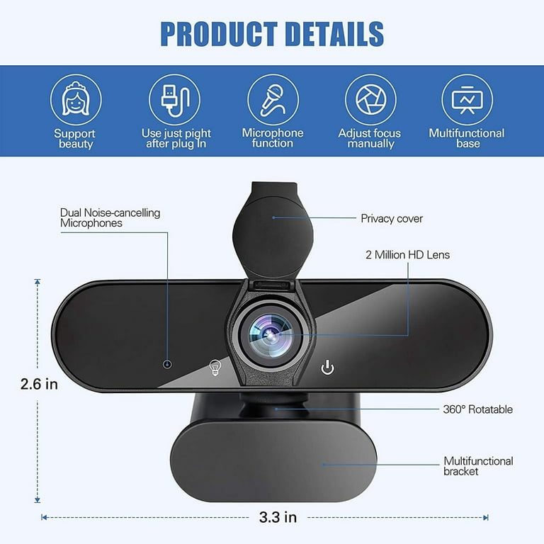 Webcam HD 1080p Web Camera, USB PC Computer Webcam with Microphone, Laptop  Desktop Full HD Camera Video Webcam 360 Degree Widescreen, Pro Streaming  Webcam for Recording, Calling, Conferencing, Gaming 