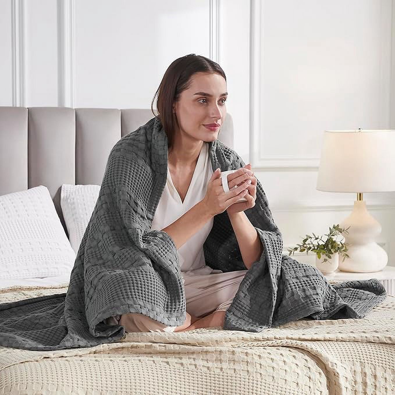 VHC Brands Waffle Weave Dark Grey Throw 50x60, Decorative Cotton Throw Blanket, Boho Farmhouse Bedroom, Living Room Decor for Bed, Couch, or Sofa