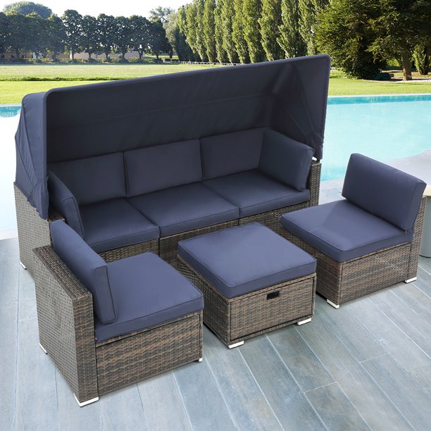 Outdoor Daybed with Canopy, 4 Piece Patio Wicker Sectional Sofa Set