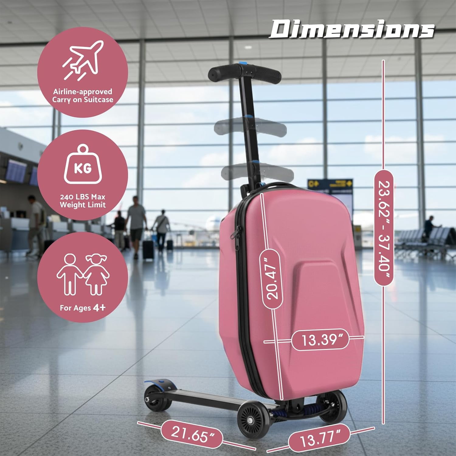 20" Hardshell Scooter Suitcase for Kid & Adult Foldable 2 in 1 Ride on Carry on Travel Trolley Scooter Luggage With Wheels Pink