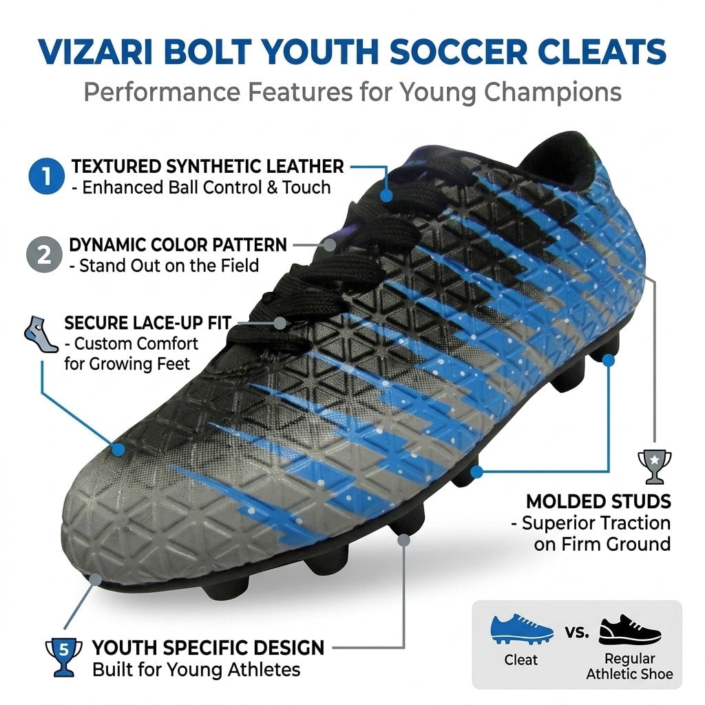 Vizari Bolt Firm Ground Soccer Cleats for Kids – Durable, Comfortable, and Stylish Boys and Girls Soccer Shoes with Traction - Black/Sky/Silver, 4