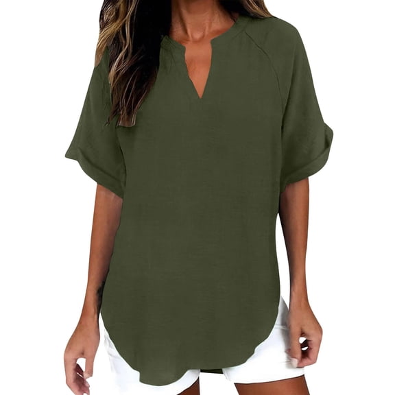 Womens Cotton Linen Tunic Tops Half Sleeve V Neck Pullover Tshirts Elbow Length Sleeve Blouses Dressy Casual Summer Trendy Loose Fit Boho Gauze Shirts Plus Size Flowy Outfits Blackish Green L