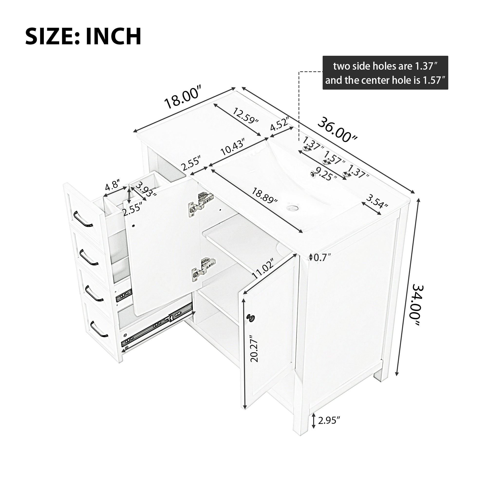 Harper & Bright Designs 36" Bathroom Vanity with Sink Top, Modern Single Sink Bathroom Vanity with Doors, Drawers and Open shelf, Freestanding Bathroom Storage Cabinet with Ceramic Basin, White
