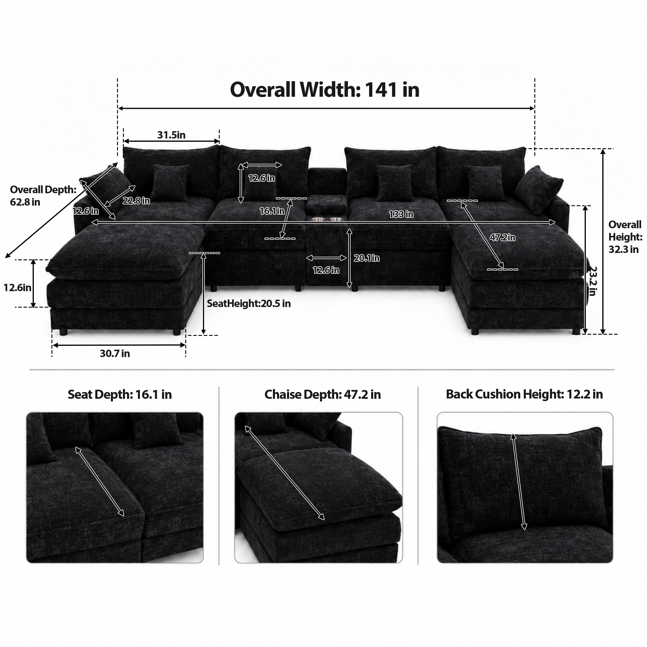 Aenkyo 141-Inch U-Shaped Chenille Cloud Sectional Sofa with Console, Black
