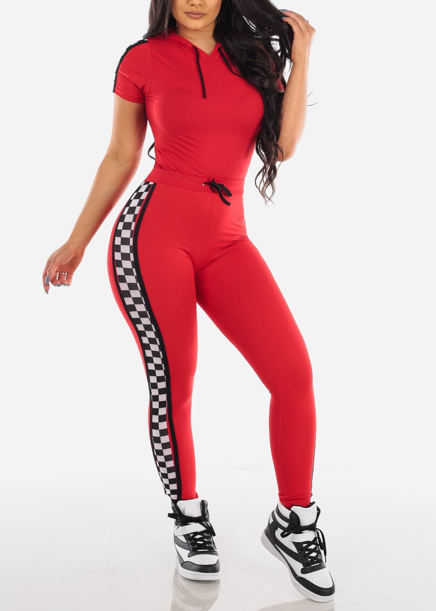 red pants with checkered stripe