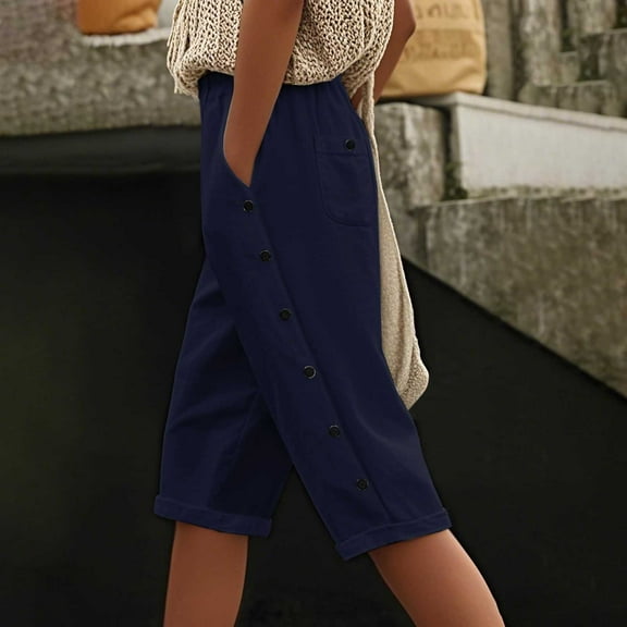 TYGHBN Women Fashion Solid High Waist Pocket Button Casual Capri Pants Leggings Flare Tan Linen Pants Women plus Size Women Pants Casual Casual Pant Suits for Women plus Size 3 Women's Pants Casual