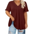 thumbnail image 2 of Ayolanni V-Neck T Shirts Women Wine Short Sleeve Plus Size Flutter Solid T-Shirts Lady Blouses XL, 2 of 7