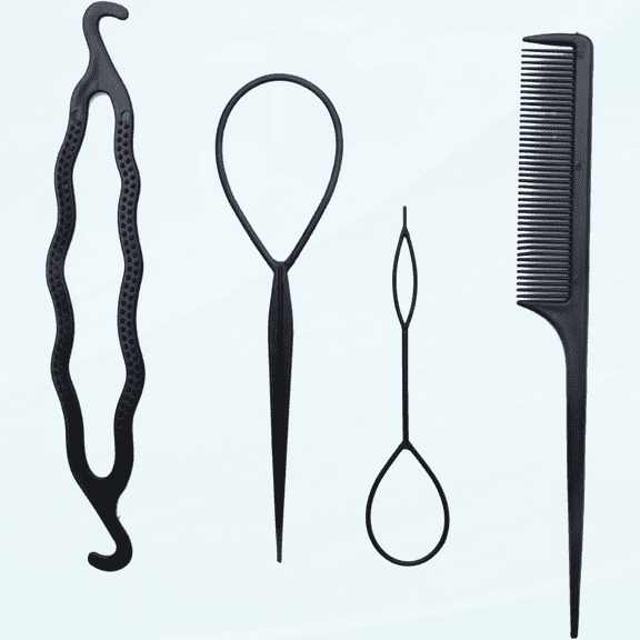4 Pcs Hair Tail Tools with Hair Comb French Braid Tool Loop Plastic Black Hair Braiding Tool Styling Accessories Hair Pull Through Tool for Girls Women Long Curly Straight Hair (Black)