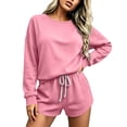 thumbnail image 4 of Women's 2 Piece Tracksuit Outfit Raglan Long Sleeve Crew Neck Sweatshirt and Sweatshorts Sets Soft Casual Y2K Streetwear Workout Set Pink, 4 of 6