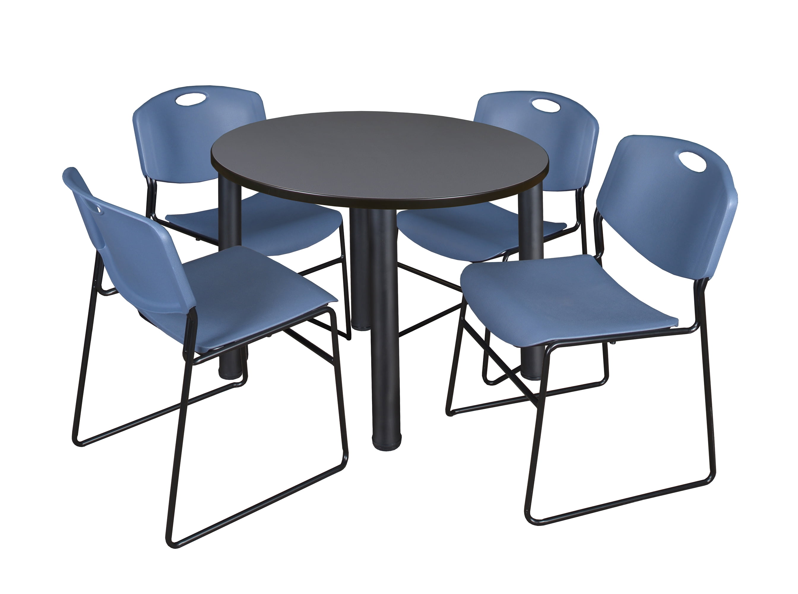 Kee 42" Round Breakroom Table Grey/ Black & 4 Zeng Stack Chairs Blue