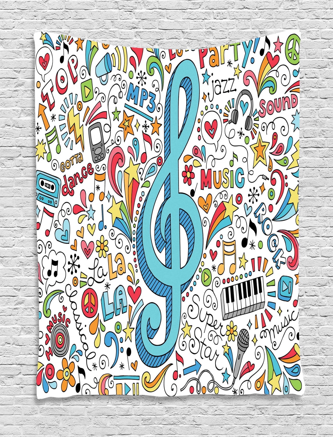 Music Tapestry, Big Clef with Notebook Doodle Style Items Around