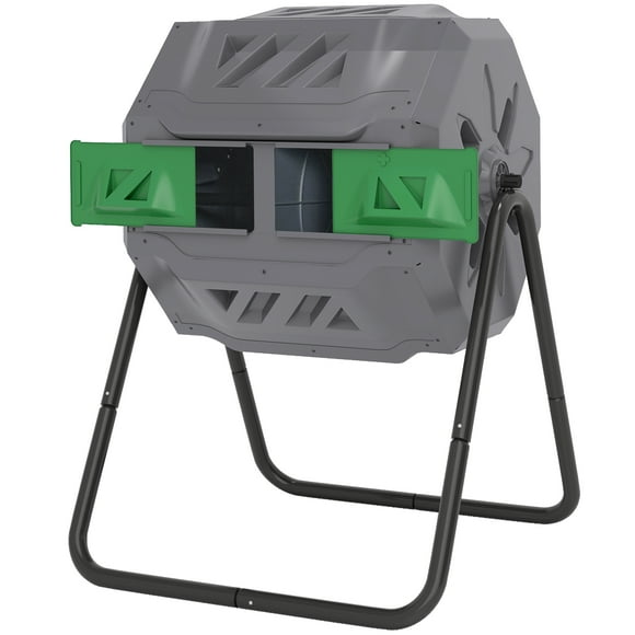 Outsunny Dark Green Dual Chamber Tumbling Composter, 42.3 Gallon Outdoor Garden Compost Bin with Sliding Doors, Steel & PP, 28" W x 37.8" H