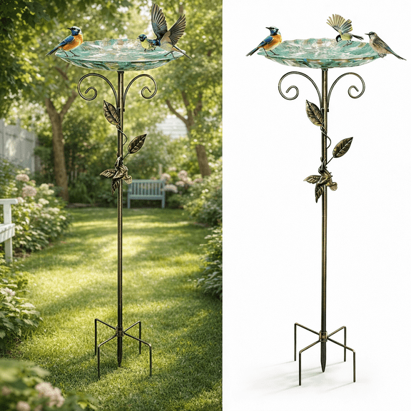 Bird Bath for Outside, Metal Bird Bath Freestanding Bird Bath and Bird Feeder with 4-Pronged Base, Bird Baths for Outdoors Garden Patio Yard