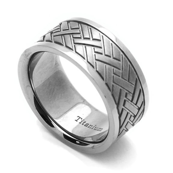 9MM Comfort Fit Titanium Wedding Band Herringbone Patterned Flat Ring (Size 8 to 10.5)