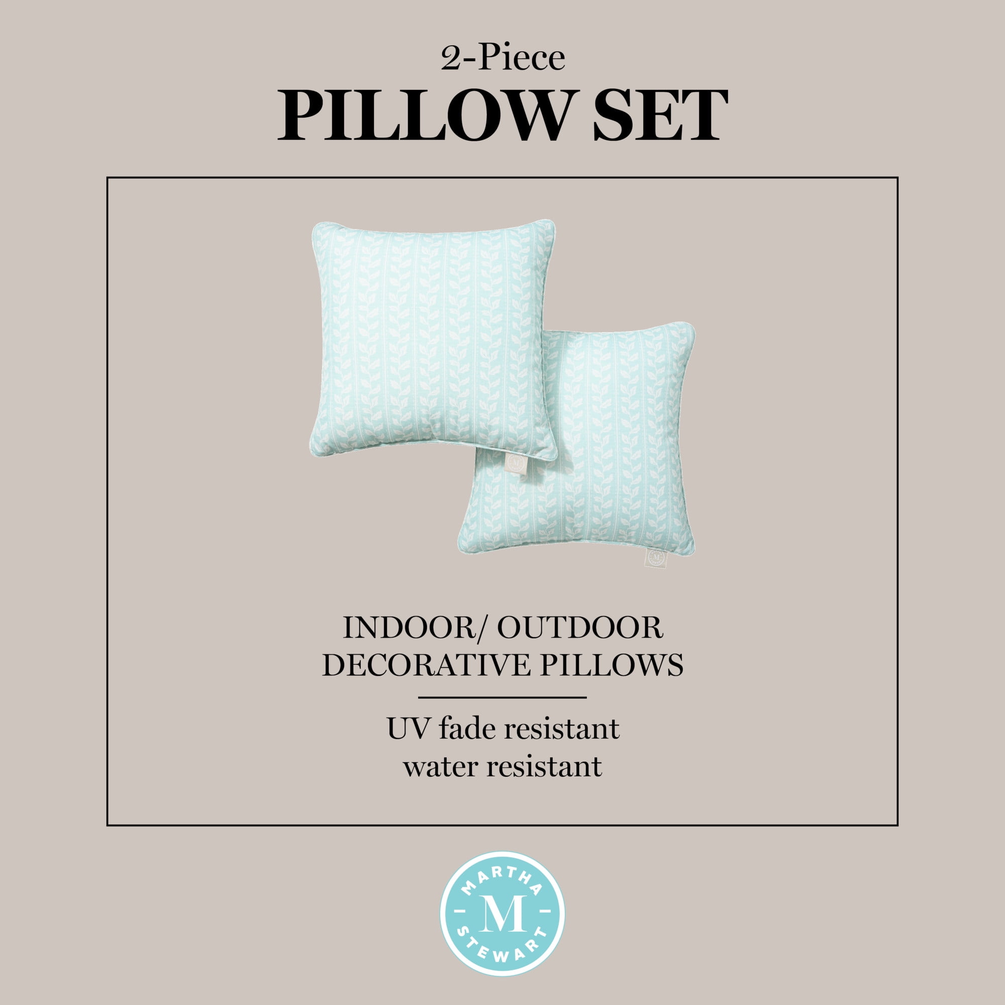 MARTHA STEWART Vineyard Vines Indoor Outdoor Decorative Pillow 2-Pack Set, UV Fade Resistant, Water Repellent, Printed Garden Design, Aqua Blue, 18"x18"