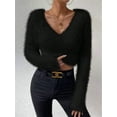 thumbnail image 4 of Women'S Fuzzy Long Sleeve V Neck Crop Sweater Casual Plain Slim Fit Warm Knitwear Sweater Pullovers Black S, 4 of 8