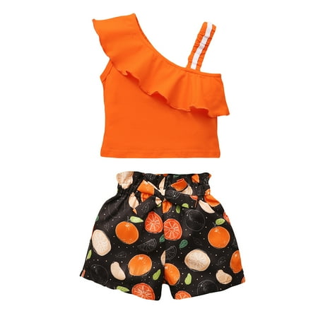 

Kucnuzki 18 Months Baby Girl Summer Outfits Shorts Sets 24 Months One Shoulder Solid Color Lotus Leaf Layer Camisole Tops Elastic Orange Prints Shorts 2PCS Set Orange