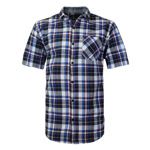 Men's Plaid Checkered Button Down Casual Short Sleeve Regular Fit Dress Shirt (Navy / Red,M)