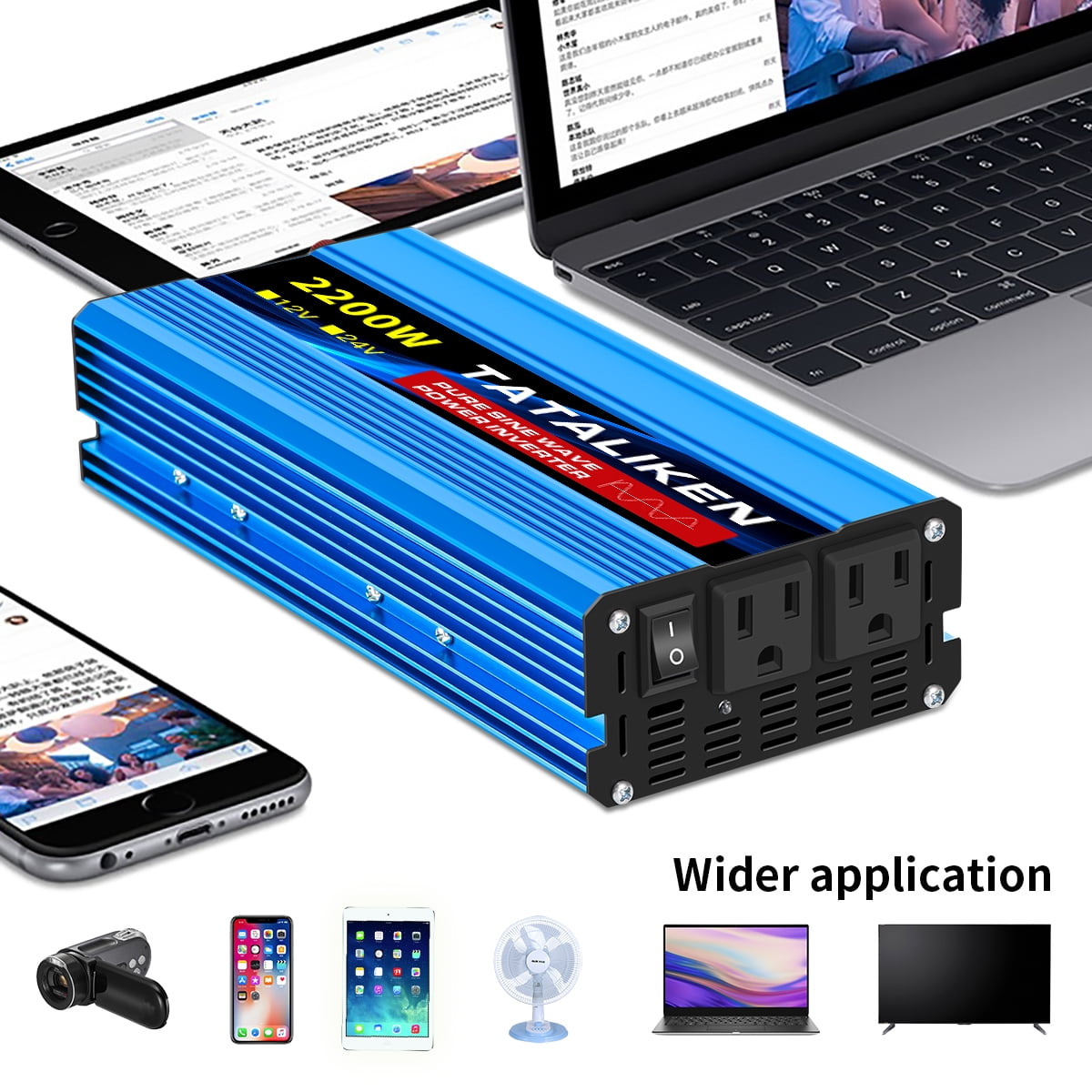 TATALIKEN 2200W（Rating power 1000 W）Pure Sine Wave Power Inverter DC 12V to AC 110V/120V Car Inverter with Battery Clamp Cable 2 AC Outlets for Power Tools Home Vehicles RV Truck, LCD Display Blue