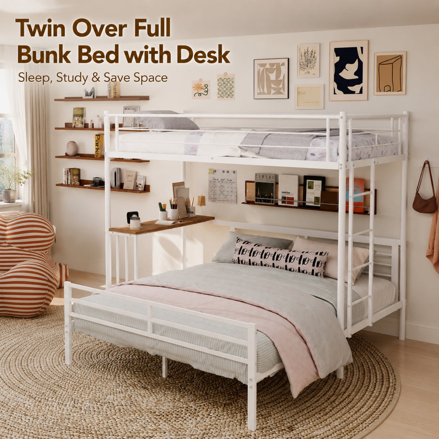 Miniyam Twin Over Full Bunk Bed with Built-In Desk – Metal Space-Saving Bed for Kids, Teens, Dorm Rooms, White