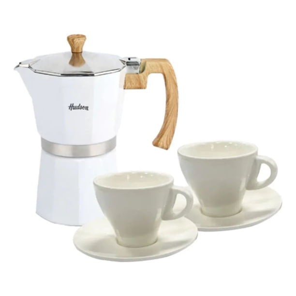 HUDSON VALLEY | Set Cafetera Italiana de Aluminio 290 ml, ideal para 6 tazas + 2 Pocillos y 2 Platos de Cerámica, Cafetera Moka Clásica para Café Espresso, Compacta y Duradera, Color Blanco
