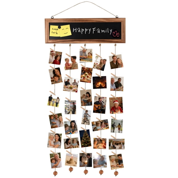 HUIANER Wooden Hanging Photo Display Collage Frame with 30 Clips & Writable Blackboard, Picture Frames Collage Wall Decor for Home & Room Decoration