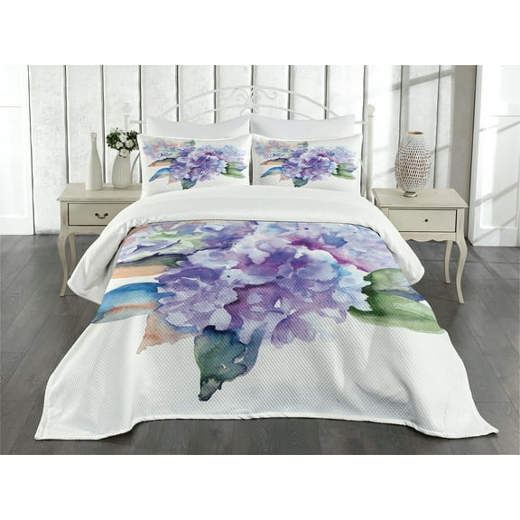 Ambesonne Watercolor Quilted Bedspread Set 3 Pcs, Blooming Hydrangea, Queen Size, Violet Blue