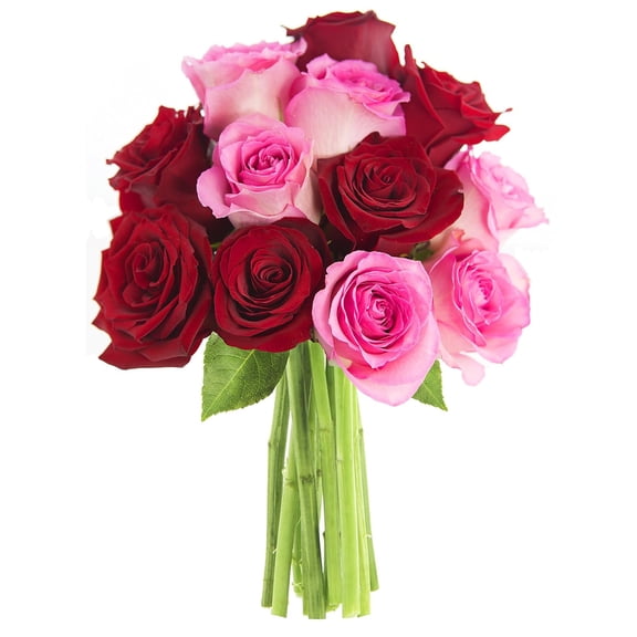 KaBloom : 6 Red Roses, 6 Pink Roses, 3 Greens with Vase, Next-Day Delivery, Gift for Every Occasion.