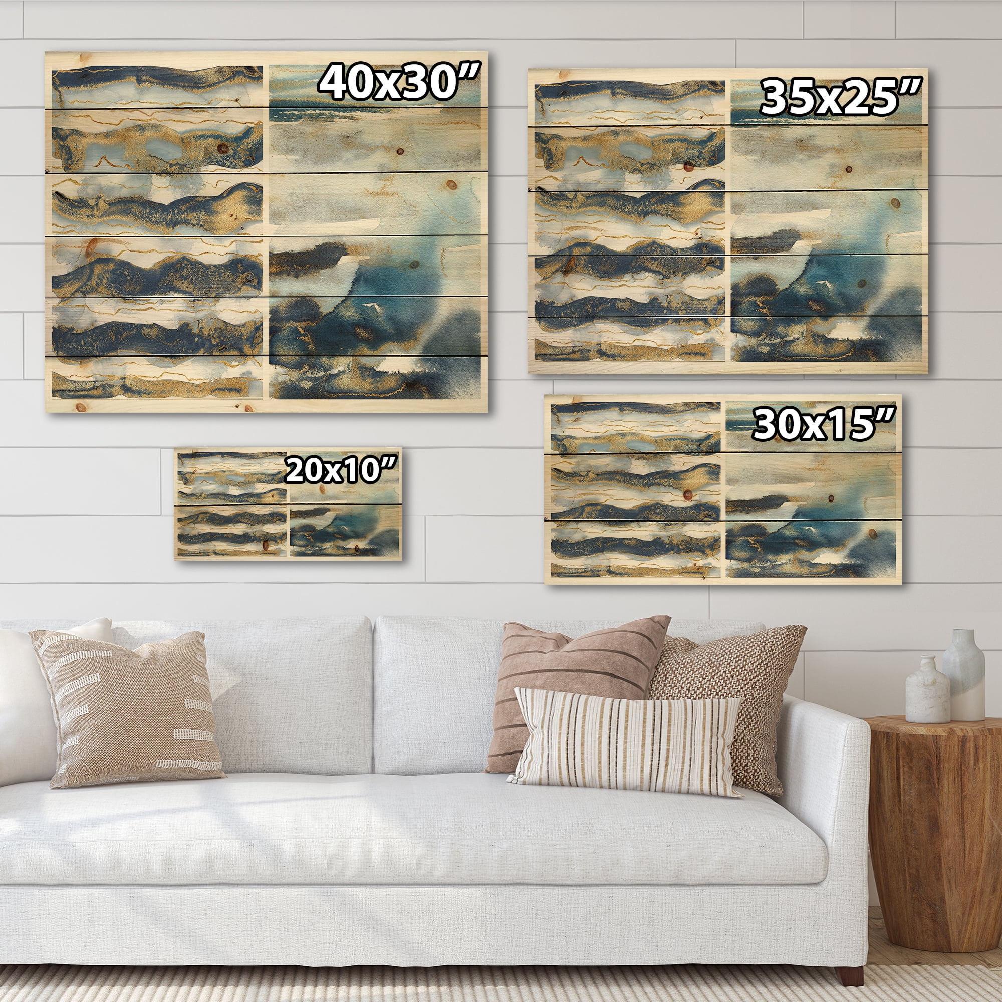 Designart 'Gold and Dark Blue Abstract Waves II' Modern Print on Natural Pine Wood