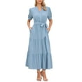 thumbnail image 2 of INSPIRE CHIC Maxi Dresses for Women's Puff Sleeve Button Down Short Sleeve V Neck Belted Long Flowy Summer Dress XS Blue, 2 of 6