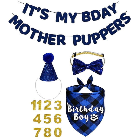 Cat Dog Pet Party Decorations Kit, Blue Full Party Set with Birthday Hat Bow Tie Bandana Triangle Scarf Hanging Pull Flags and Number Decoration, Pet Birthday Festival Dress Up Supplies