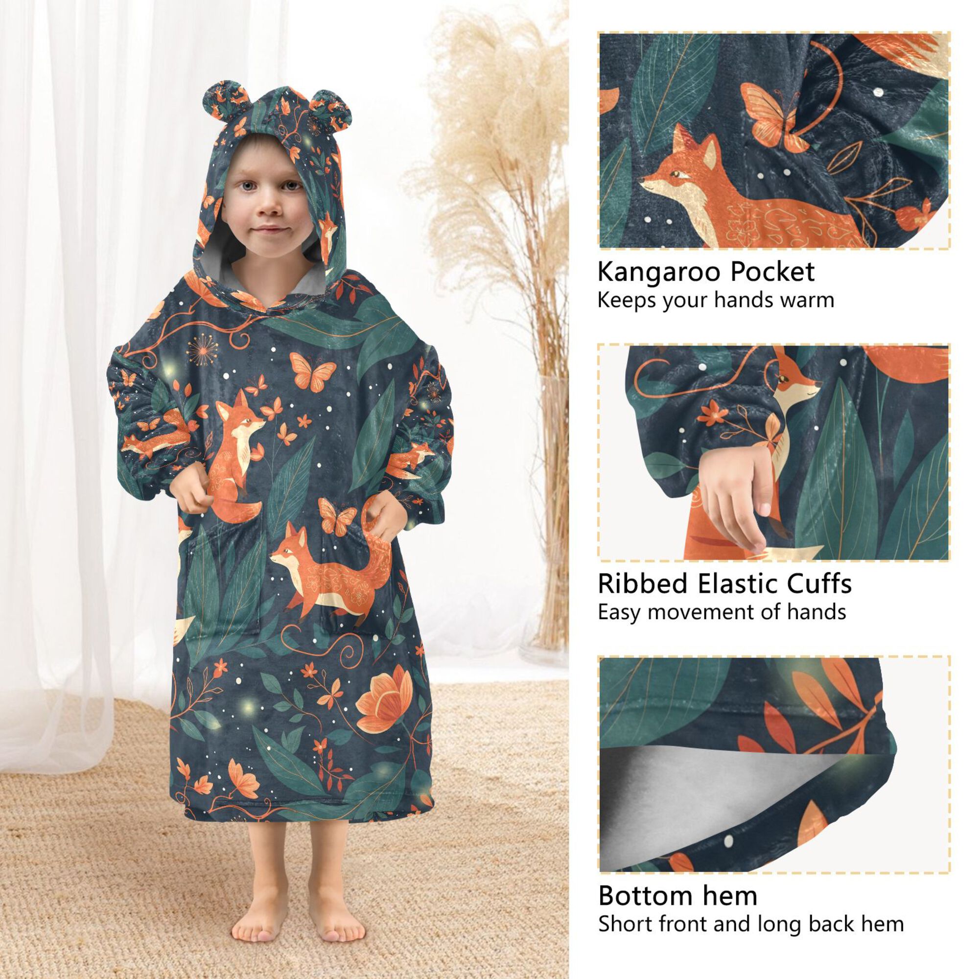 FORMRS Wearable Blanket Hoodie with Sleeves for Kids Cozy Flannel Sweatshirt, Whimsical Foxes Pattern