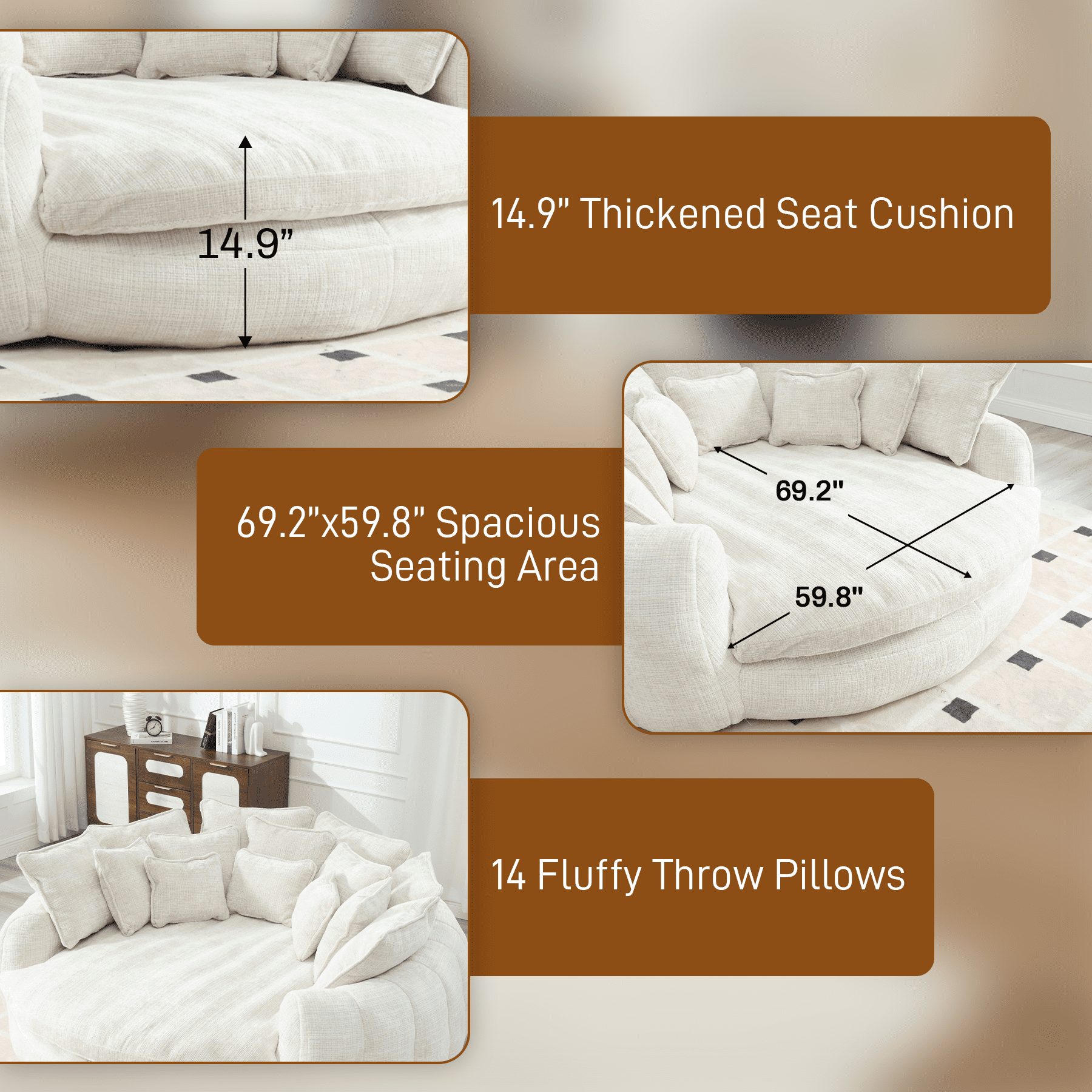 Rophefx 81.1" Oversized Round Chaise Lounge Sofa Bed,Fluffy Plush Cloud Couch with Deep Seat and 14 Pillows,Modern Comfy Couch for Living Room Apartment,Beige