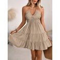 thumbnail image 5 of Womens Khaki Halter Neck Tiered Ruched Mini Dress With Adjustable, 5 of 7