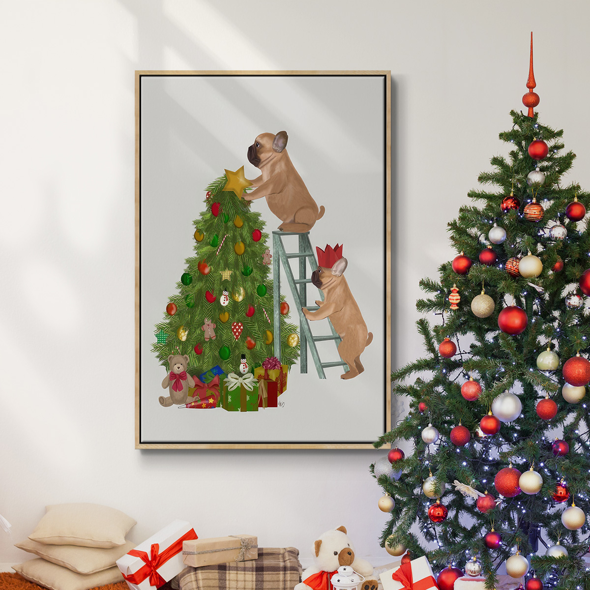 Christmas French Bulldog Tree Ladder - Framed Gallery Wrapped Holiday Canvas - 27 x 41 - Natural Wood Frame