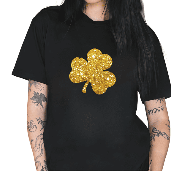 Black Gold Glitter Clover Print Tshirt Graphic Tees Shirts St Patricks Day Casual Daily Wear Stylish Trendy Tops S-5XL