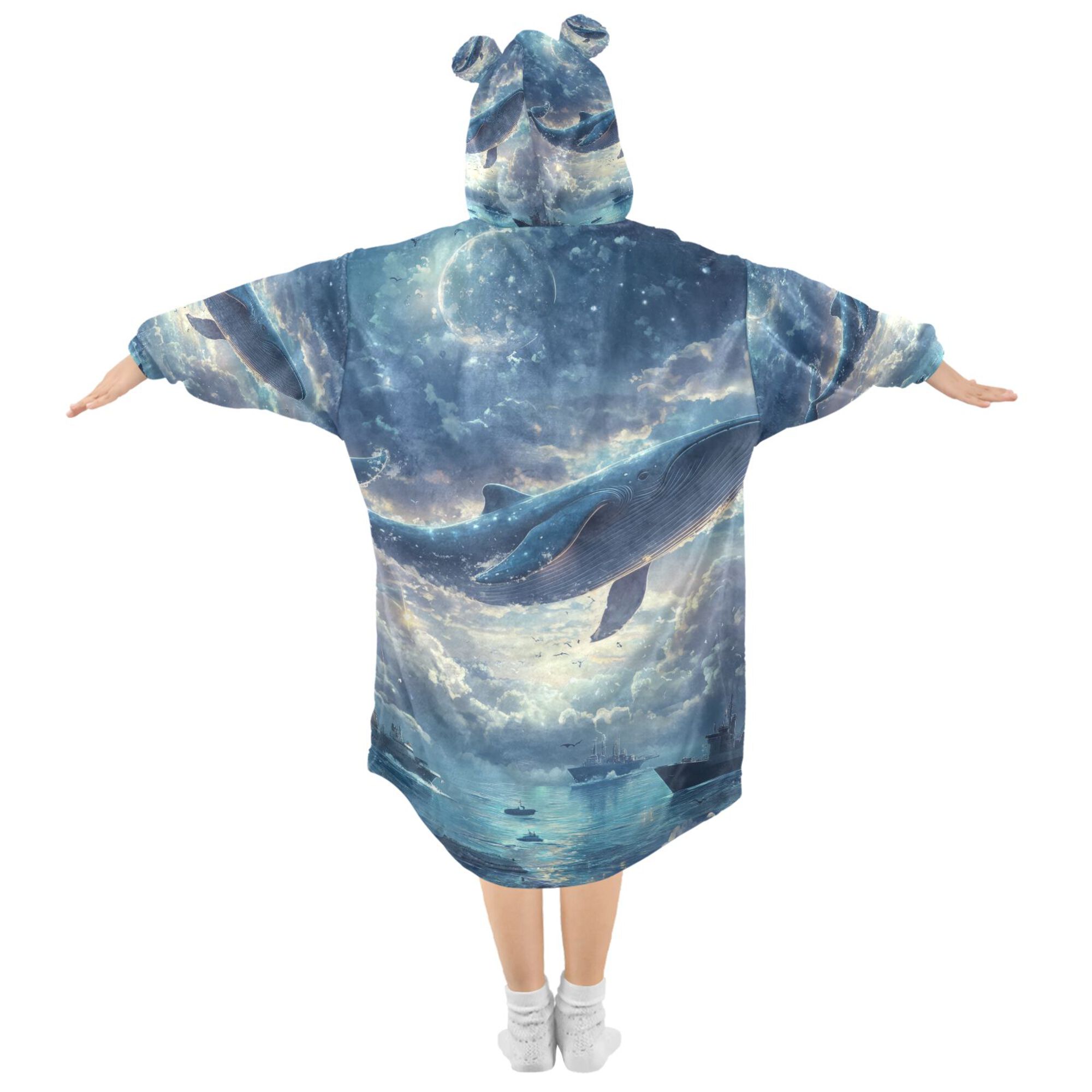 FORMRS Wearable Blanket Hoodie with Sleeves for Kids Cozy Flannel Sweatshirt, Night Floating Whale